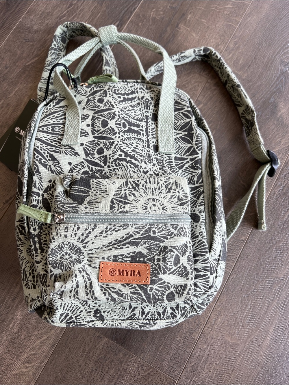 Myra Bag Sage and Black Floral Canvas Mini Backpack